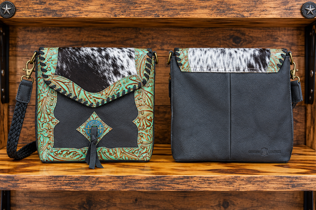 Leather With Cowhide Purse 9”L x 9”T x 3”W