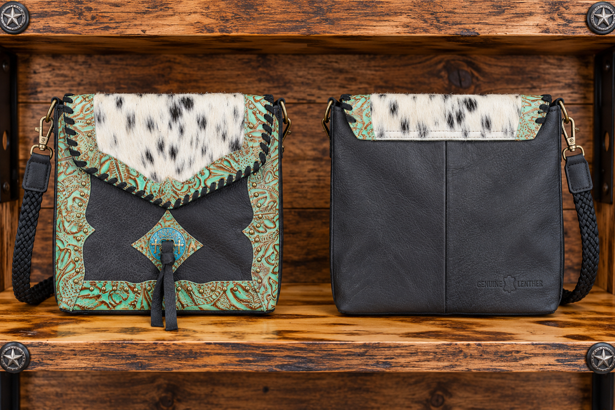 Leather With Cowhide Purse 9”L x 9”T x 3”W