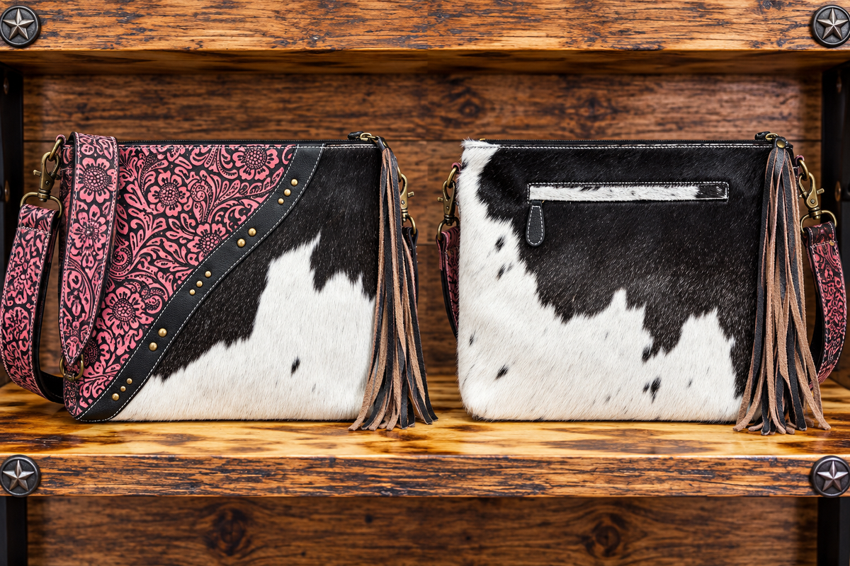 Leather With Cowhide Purse 14”L x 11”T x 2”W