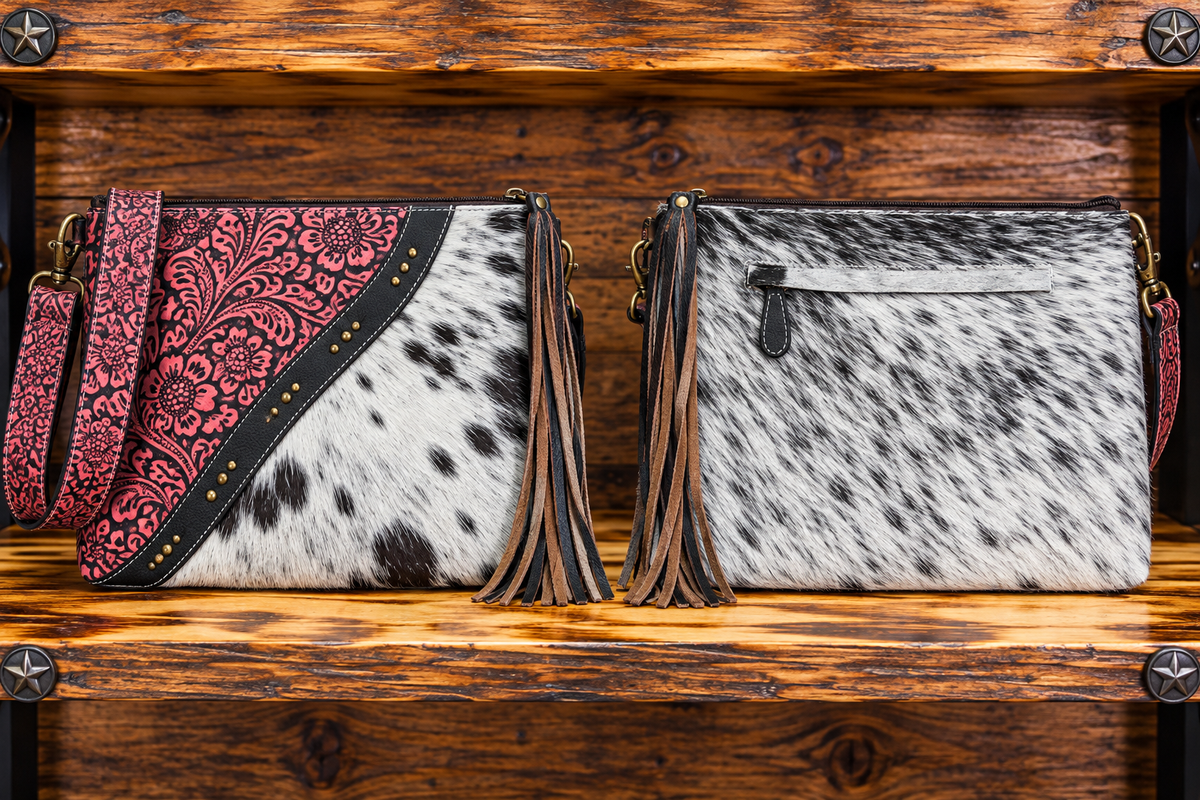Leather With Cowhide Purse 14”L x 11”T x 2”W
