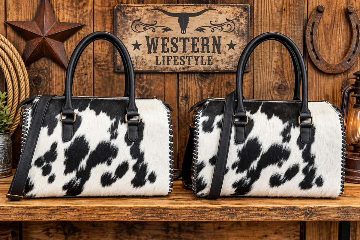 Leather & Cowhide Mini Duffel Bag 15”L x 8”x 10”T