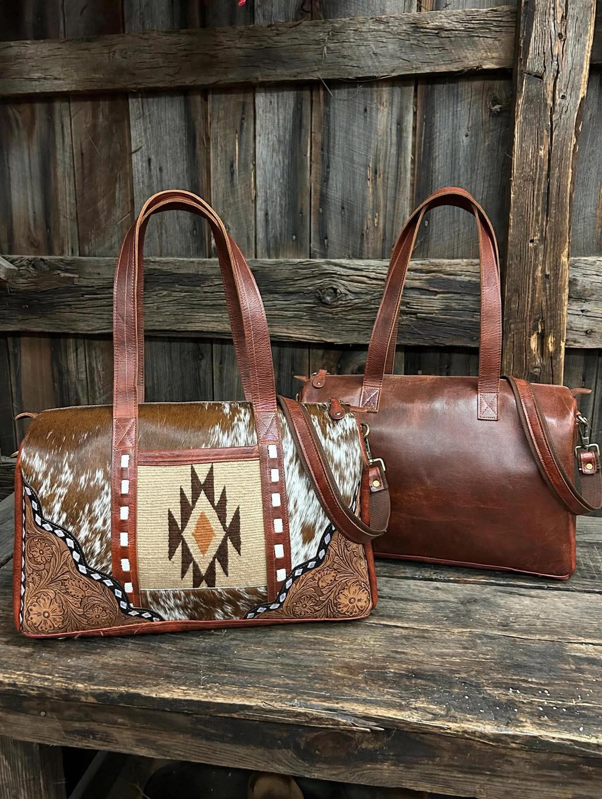 Leather & Cowhide& Wool Duffel Bag 19”L x 8”W x 11”T
