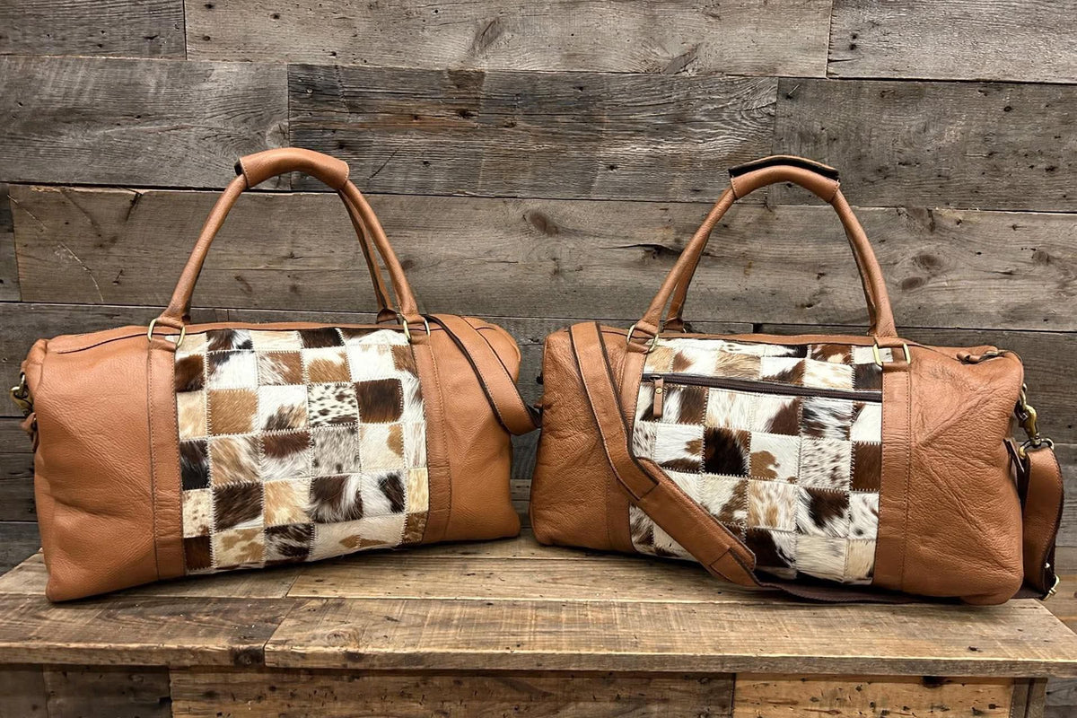 Leather & Cowhide Duffel Bag 21”L x 10”W x 10”T