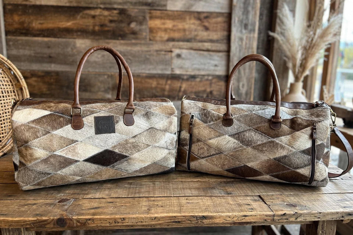 Leather & Cowhide Duffel Bag 21”L x 10”W x 10”T