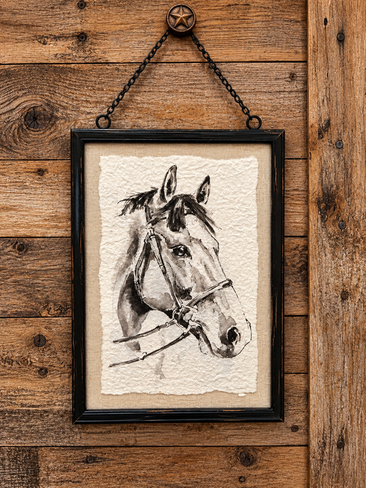 Horse picture on woven linen mat board with metal frame and refined chain hanger. 8 1/4" x 12 1/4"
