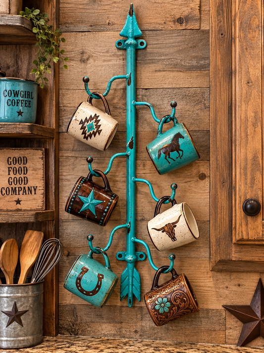 Turquoise metal wall mount cup holder 6 1/4" x 18 1/4"