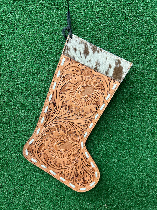 13” Tall 9” Wide Leather With Cowhide Christmas Stocking