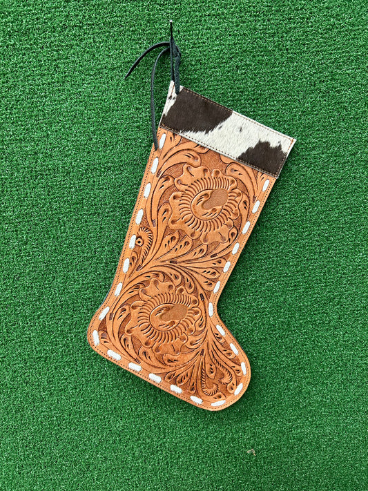 13” Tall 9” Wide Leather With Cowhide Christmas Stocking
