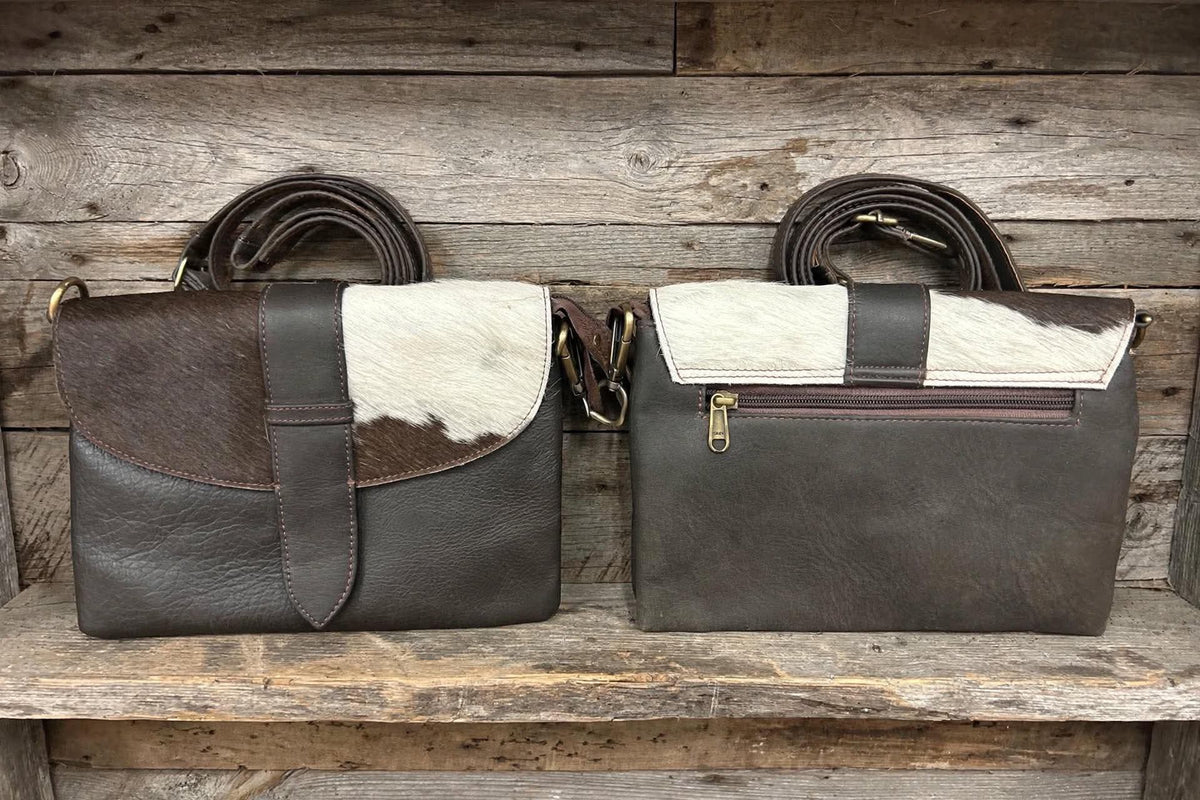 Dark brown leather purse with cowhide 7x10