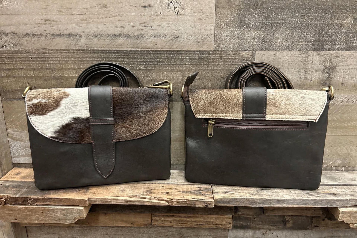Dark brown leather purse with cowhide 7x10