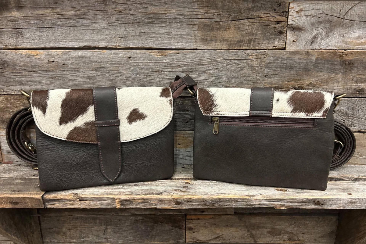 Dark brown leather purse with cowhide 7x10