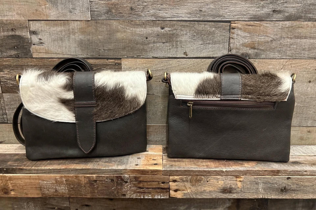 Dark brown leather purse with cowhide 7x10