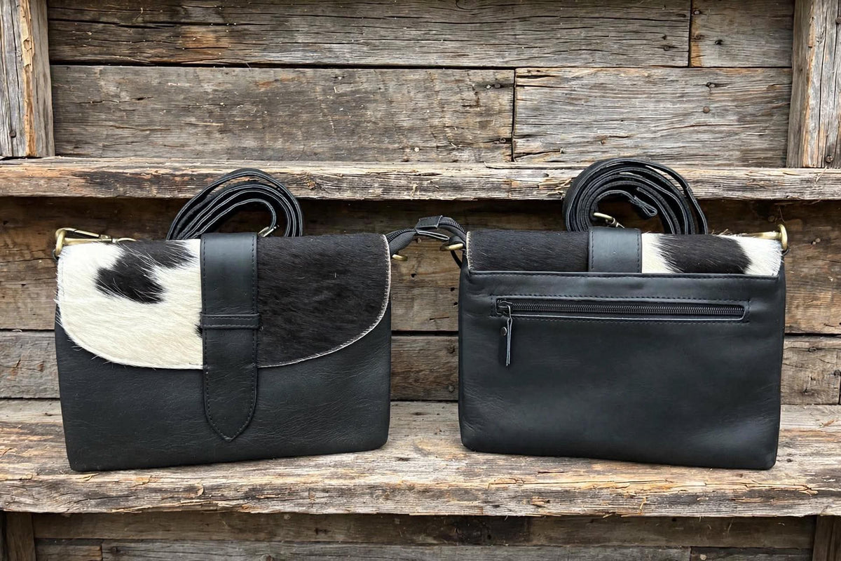 Black leather purse with cowhide 7x10
