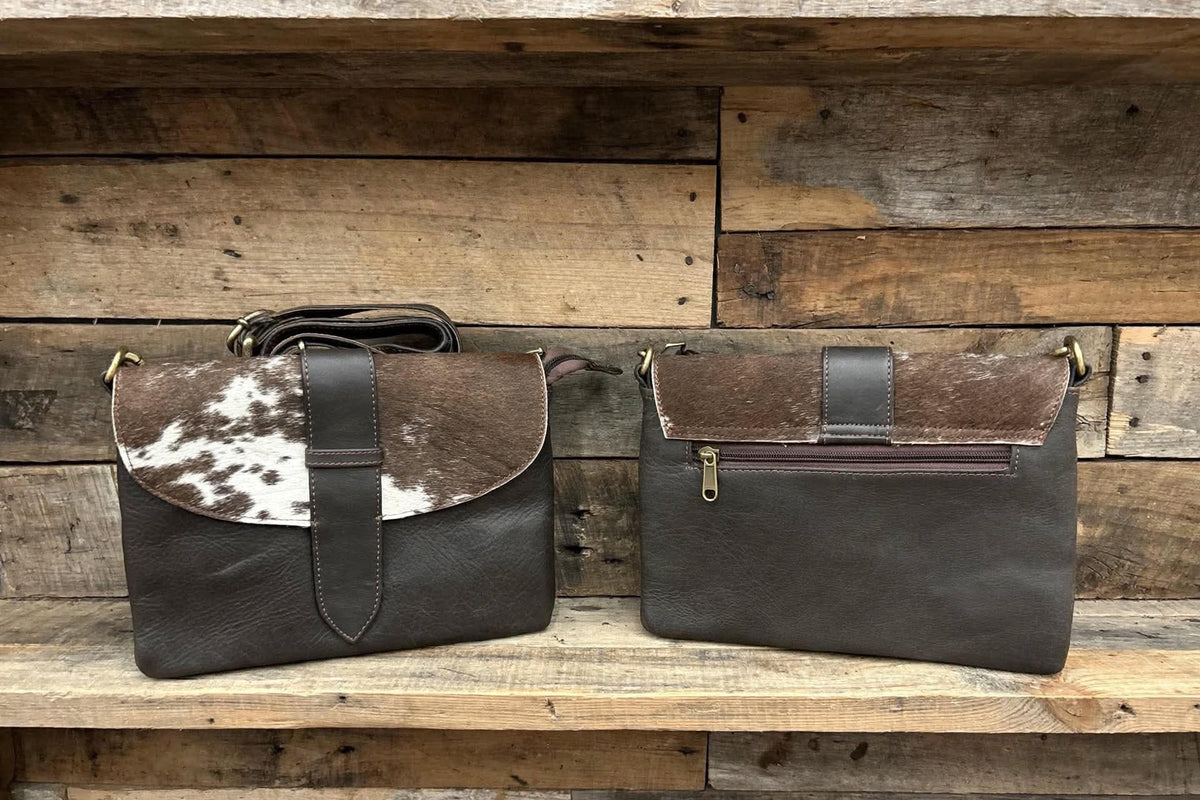Dark brown leather purse with cowhide 7x10