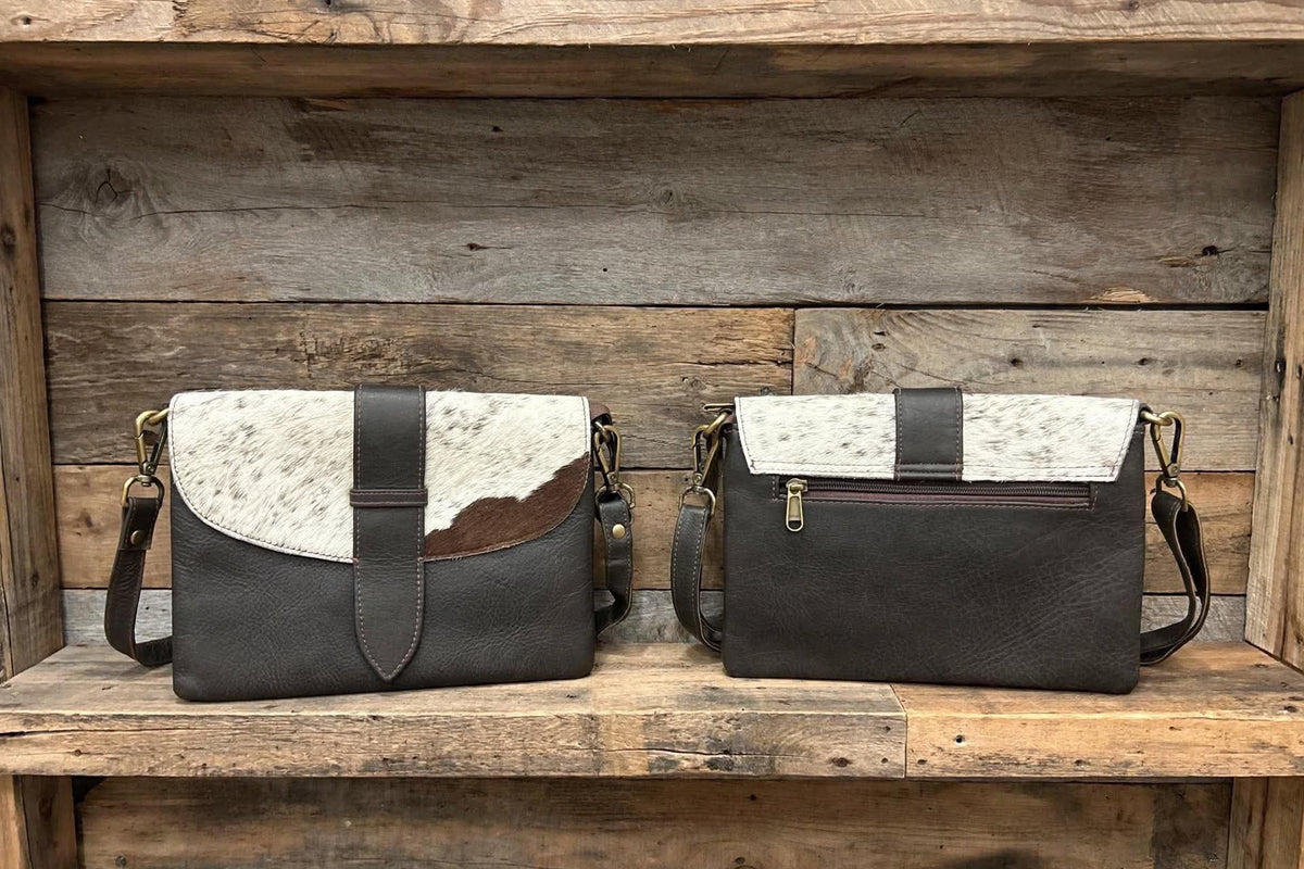 Dark brown leather purse with cowhide 7x10