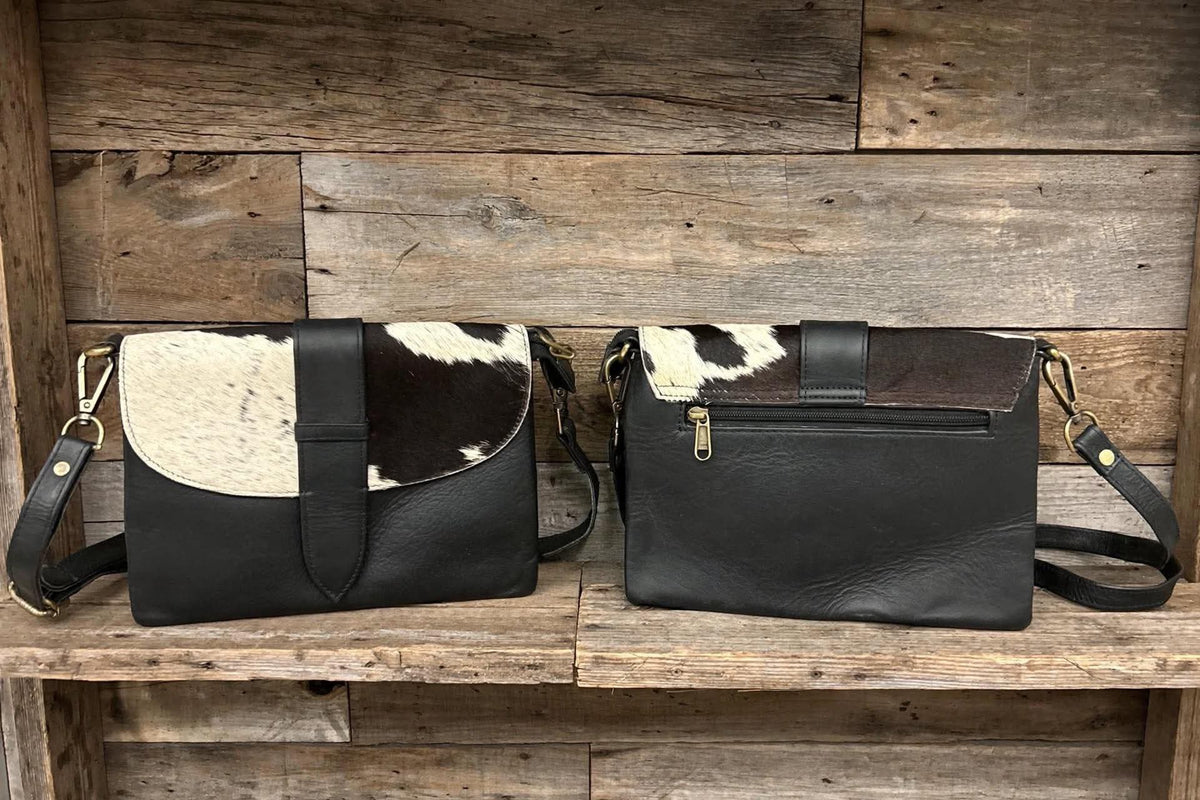 Black leather purse with cowhide 7x10