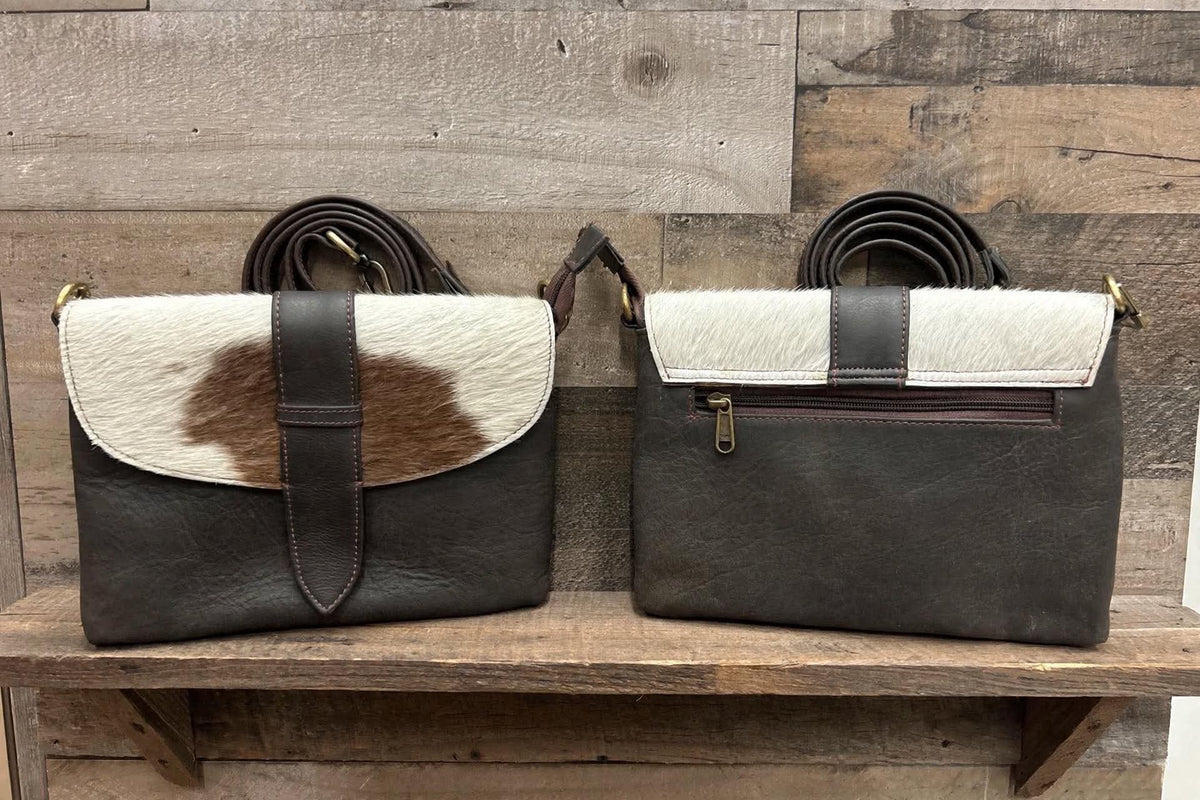 Dark brown leather purse with cowhide 7x10