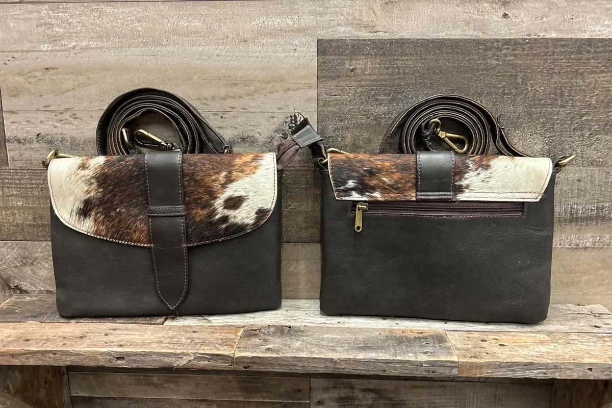 Dark brown leather purse with cowhide 7x10