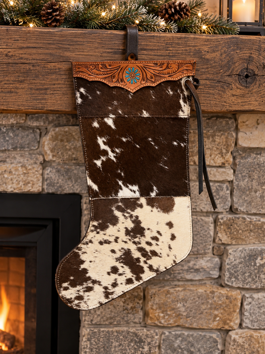 Leather stocking with cowhide 15” T 11” W