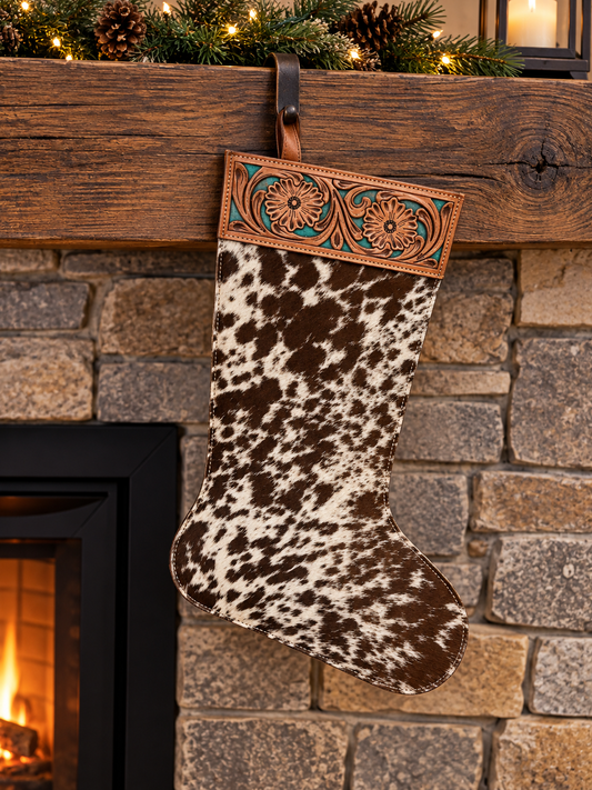 Leather stocking with cowhide 16” T 11” W