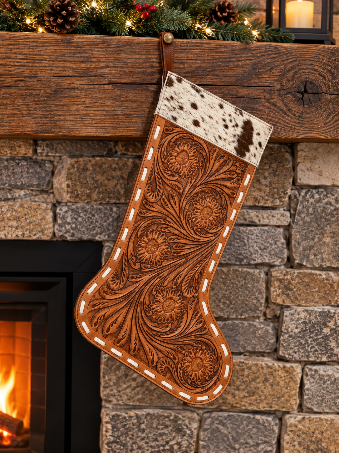Leather stocking with cowhide 14” T 9” W