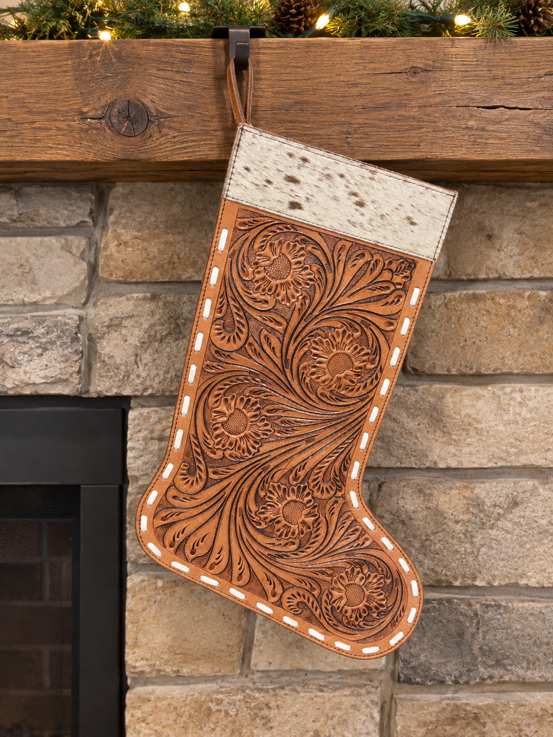 Leather stocking with cowhide 16” T 11”W