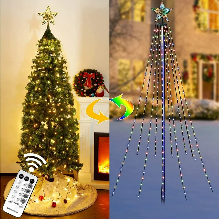 Twinkle Star Tree Lights with Star Topper, Multicolor Christmas Lights, 300 LED warm, white and multicolor eight lighting mode, remote control, indoor and outdoor use