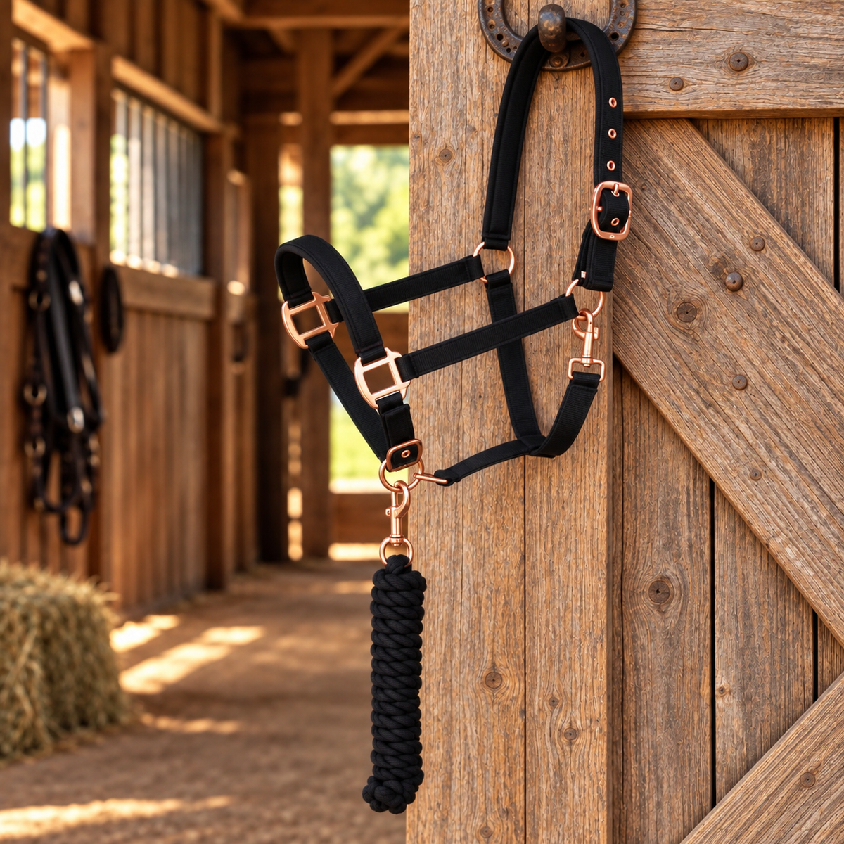 Nylon halter with neoprene padding and matching 8 foot lead Black