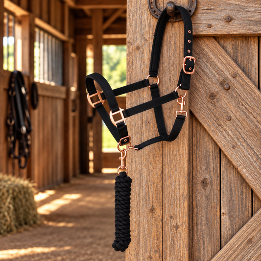 Nylon halter with neoprene padding and matching 8 foot lead Black