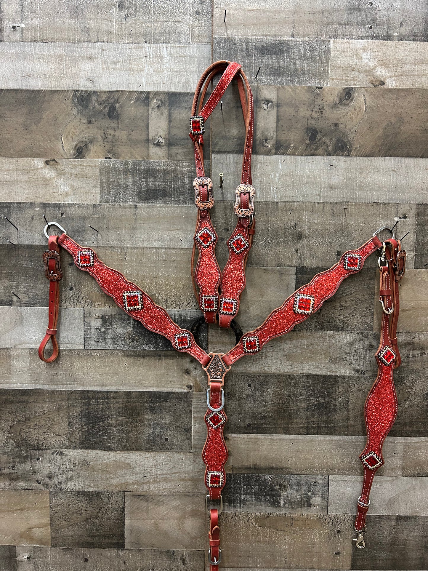 South Point latigo leather Red Glitter 3 piece set